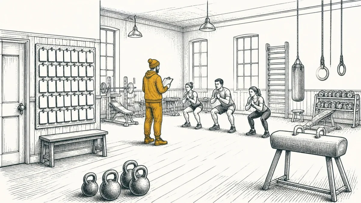 A quiet gym with a pegboard of unused membership cards and one small group working out with a coach