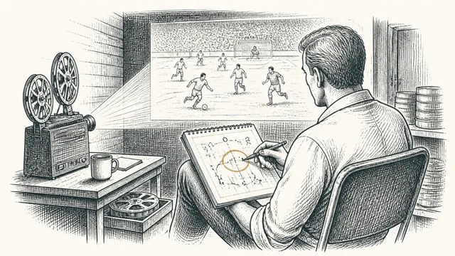 A coach in a dim film room, game footage on the wall, circling one play on the notepad on his knee