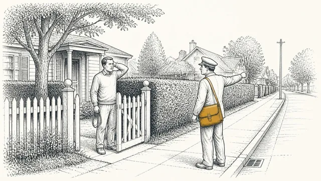 A worried homeowner at his garden gate holding an empty leash while a mail carrier points down the block toward a gap in the hedge
