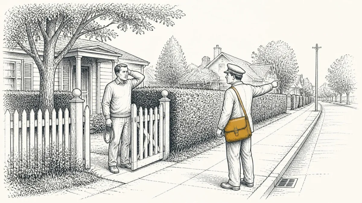 A worried homeowner at his garden gate holding an empty leash while a mail carrier points down the block toward a gap in the hedge