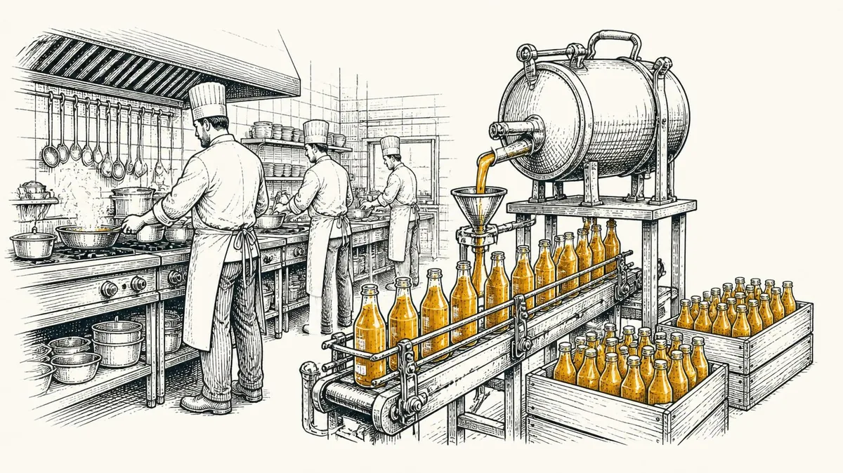 A restaurant kitchen beside a small bottling line filling saffron sauce bottles into shipping crates
