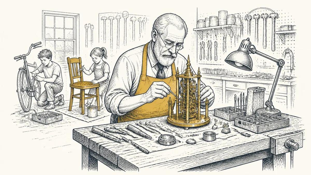 A home workshop full of ordinary tools, a master clockmaker in a saffron apron building a tower-clock mechanism