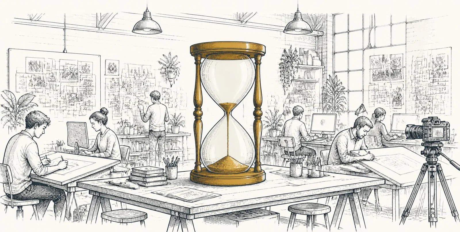 A busy creative studio with a saffron hourglass, nearly run out, on the shared worktable