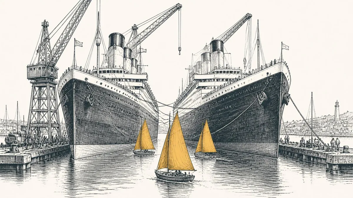 Two giant ocean liners lashed together in a harbor while small saffron sailboats slip out between them