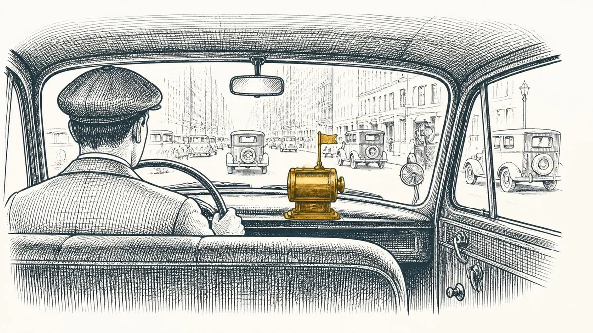 The view from the back seat of a vintage taxi, the saffron fare meter running on the dashboard