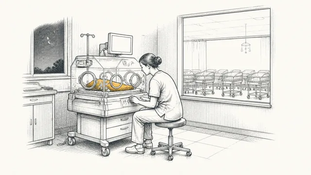 A nurse adjusting a dial on a neonatal incubator in a hospital ward at night, a nursery of empty cribs through the window behind her