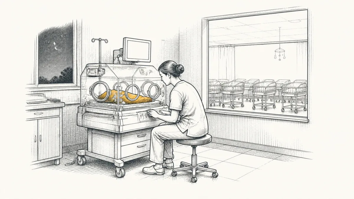 A nurse adjusting a dial on a neonatal incubator in a hospital ward at night, a nursery of empty cribs through the window behind her