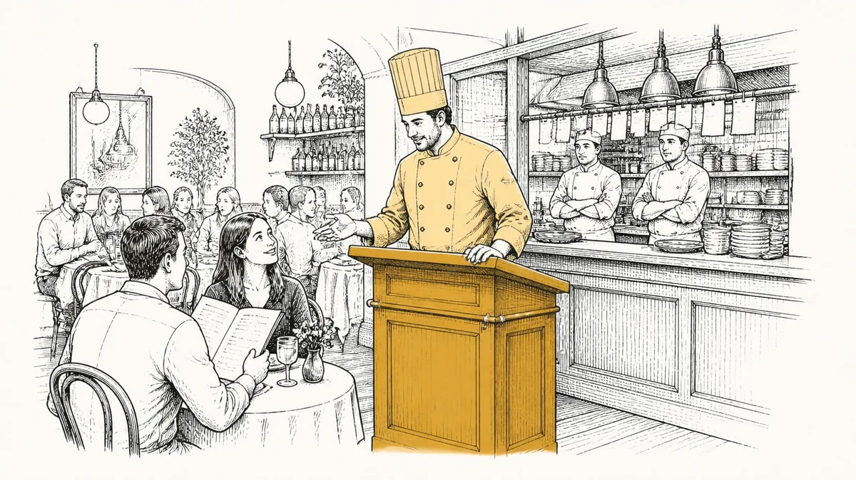 A chef at the host stand seating guests while his cooks wait idle behind the pass
