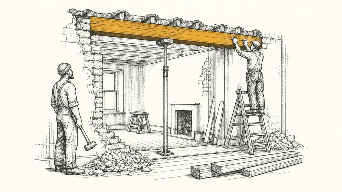 A carpenter on a ladder fitting a heavy timber beam through a half-demolished wall while a worker with a sledgehammer pauses to watch