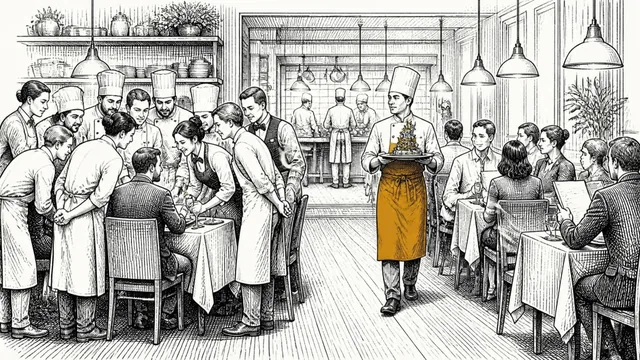 The whole restaurant staff crowded around one diner while a cook carries a single elaborate plate past tables of waiting guests