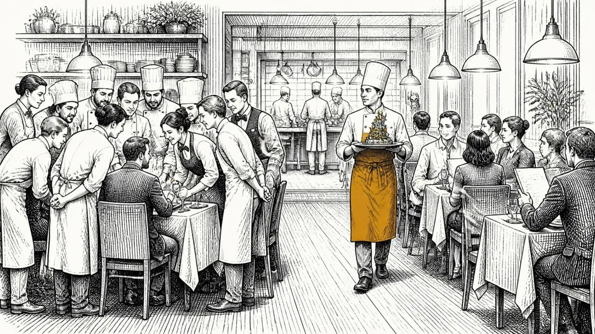 The whole restaurant staff crowded around one diner while a cook carries a single elaborate plate past tables of waiting guests