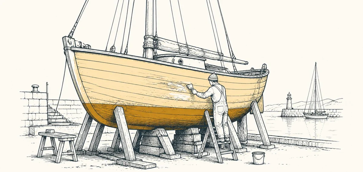 A wooden sailboat hauled out in dry dock, a worker scraping the hull