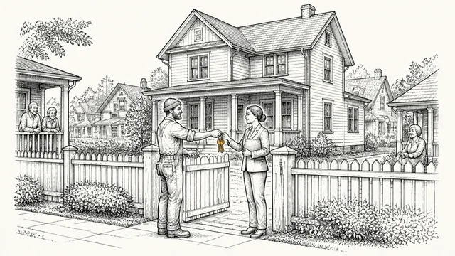 A builder handing a ring of keys to a real estate agent at the gate of a large new house while older neighbors watch from their porches