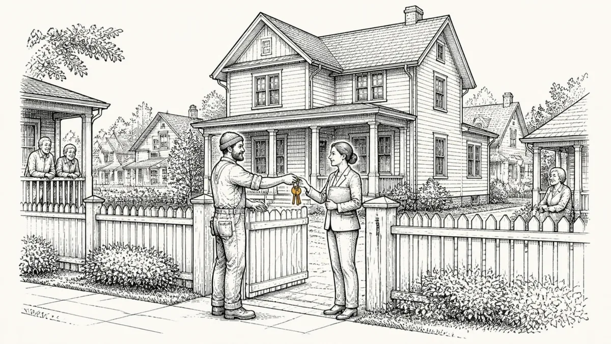 A builder handing a ring of keys to a real estate agent at the gate of a large new house while older neighbors watch from their porches