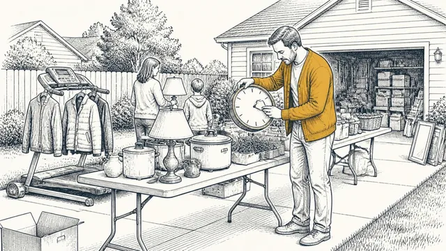 A man in a cardigan pricing an old wall clock at a family yard sale on a suburban driveway