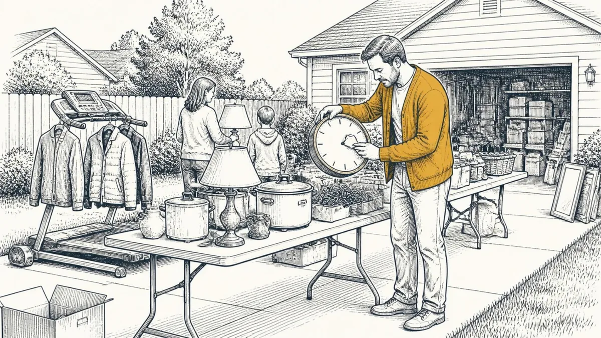 A man in a cardigan pricing an old wall clock at a family yard sale on a suburban driveway