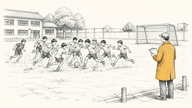 Schoolchildren all chasing one ball across a field while a coach with a clipboard watches the empty goal