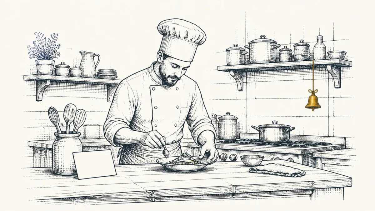 A cook working through one dish at a plain counter, a recipe card propped up beside him and a small bell hanging from the shelf above the stove