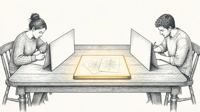Two people writing behind folded screens at opposite ends of a long table, their two sheets overlapped on a light box between them