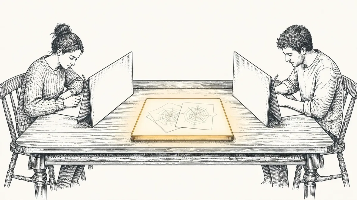 Two people writing behind folded screens at opposite ends of a long table, their two sheets overlapped on a light box between them