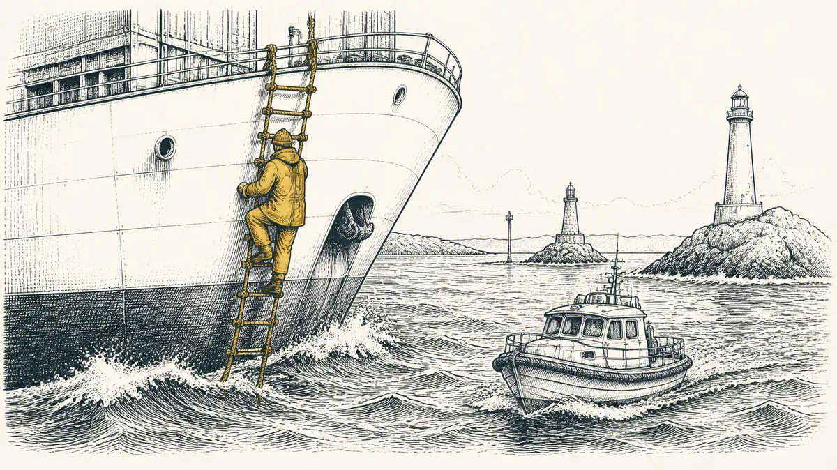 A harbor pilot in a saffron coat climbing a rope ladder up the bow of a large ship, the pilot boat alongside and lighthouses beyond