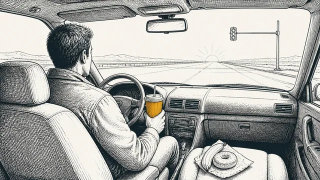 A commuter driving at dawn with a tall milkshake in his hand, a banana and a bagel untouched on the passenger seat