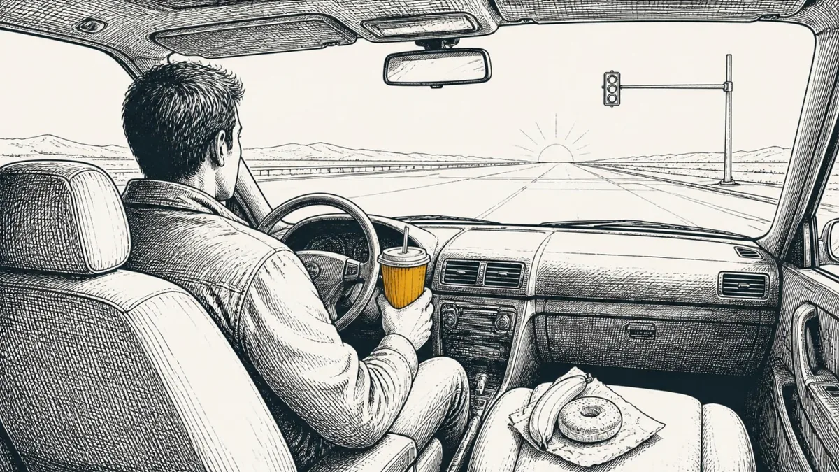 A commuter driving at dawn with a tall milkshake in his hand, a banana and a bagel untouched on the passenger seat