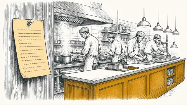 A recipe card pinned beside a working kitchen line with four cooks at their stations