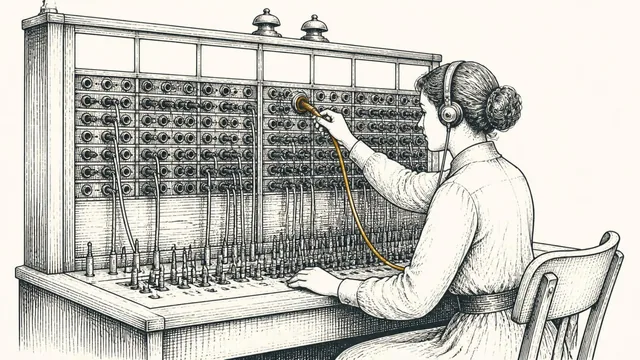 A switchboard operator moving one cord to a new jack on an old telephone switchboard