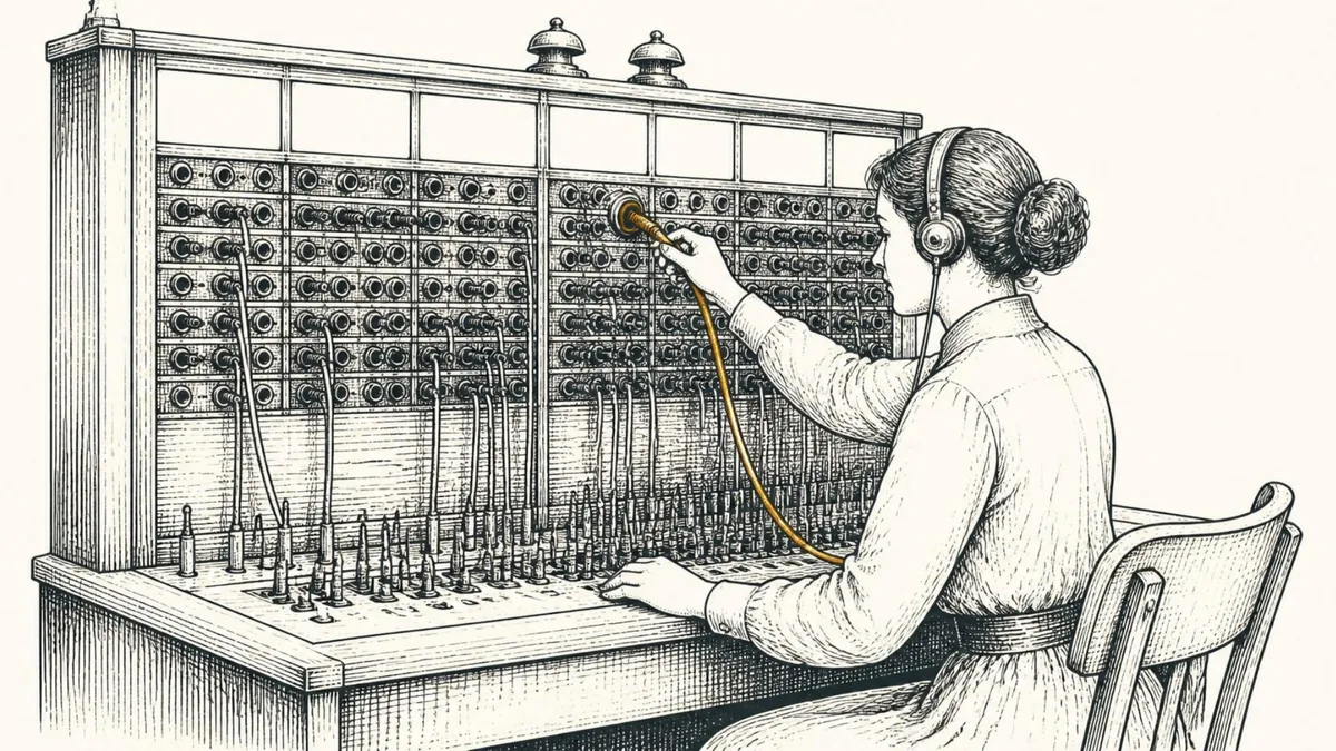 A switchboard operator moving one cord to a new jack on an old telephone switchboard