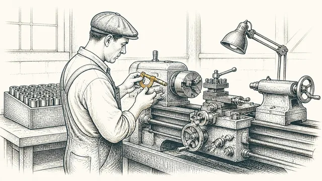 A machinist at a lathe holding a micrometer to a freshly cut part