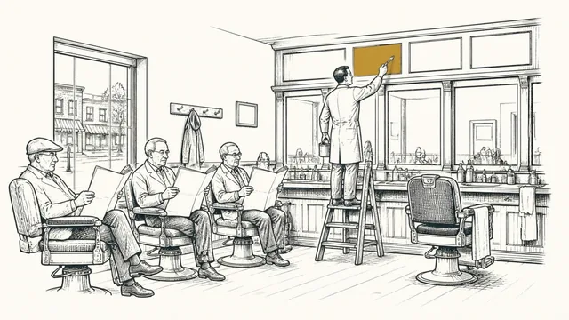 A barber on a step stool repainting one panel of the price board above the mirrors while regulars wait with their newspapers