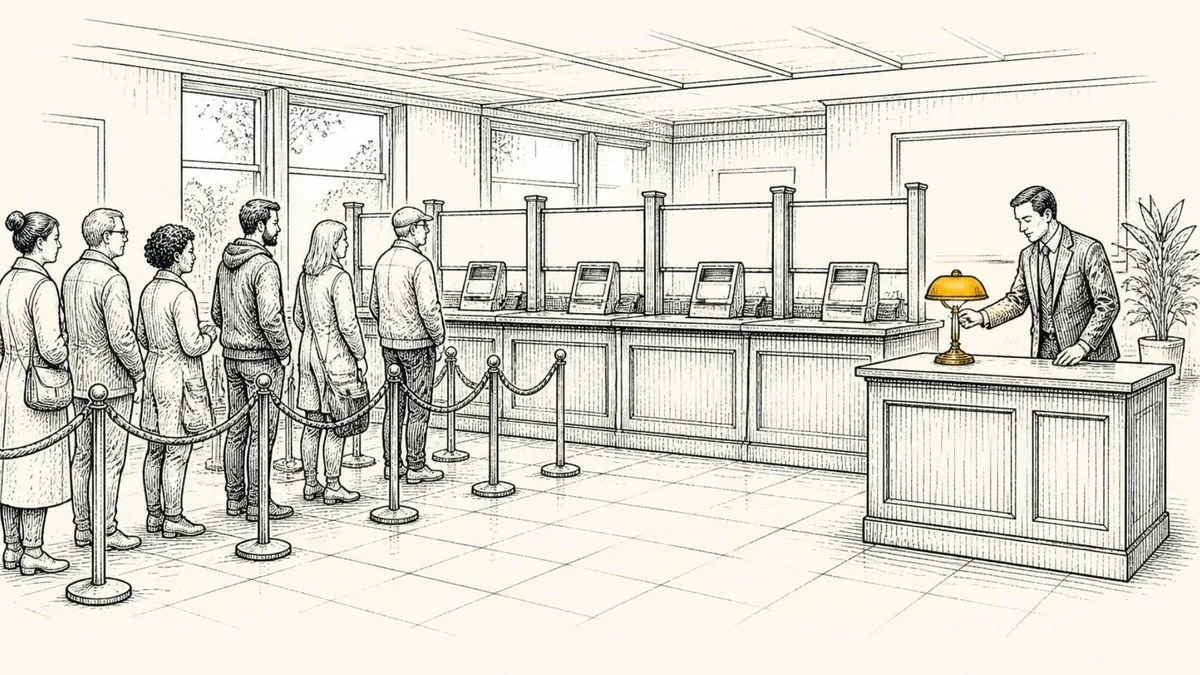 A long line waiting along a velvet rope in a credit union lobby while the branch manager switches on the lamp at an extra station