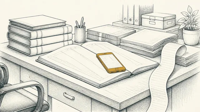 A desk stacked with ledgers and statements, a mobile phone lying on the open ledger and a long receipt curling to the floor