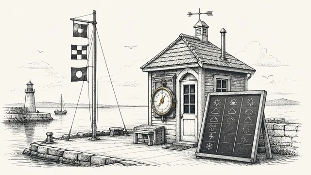 A harbor weather station at dawn, storm flags on the signal mast, a brass barometer by the hut door and a slate board chalked with forecast marks