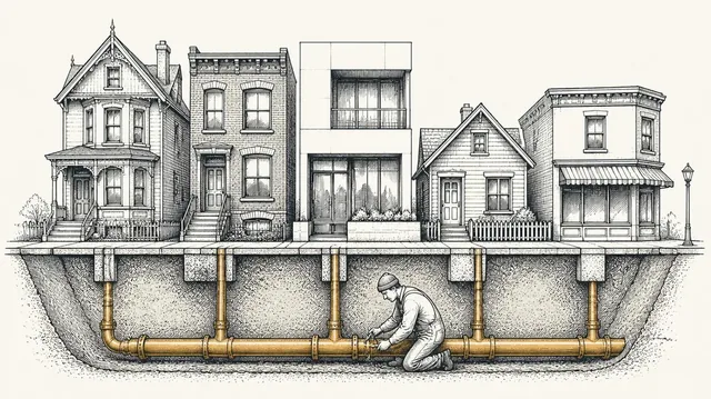 Five different houses on one street, all fed by a single main pipe underground while a plumber works on a joint