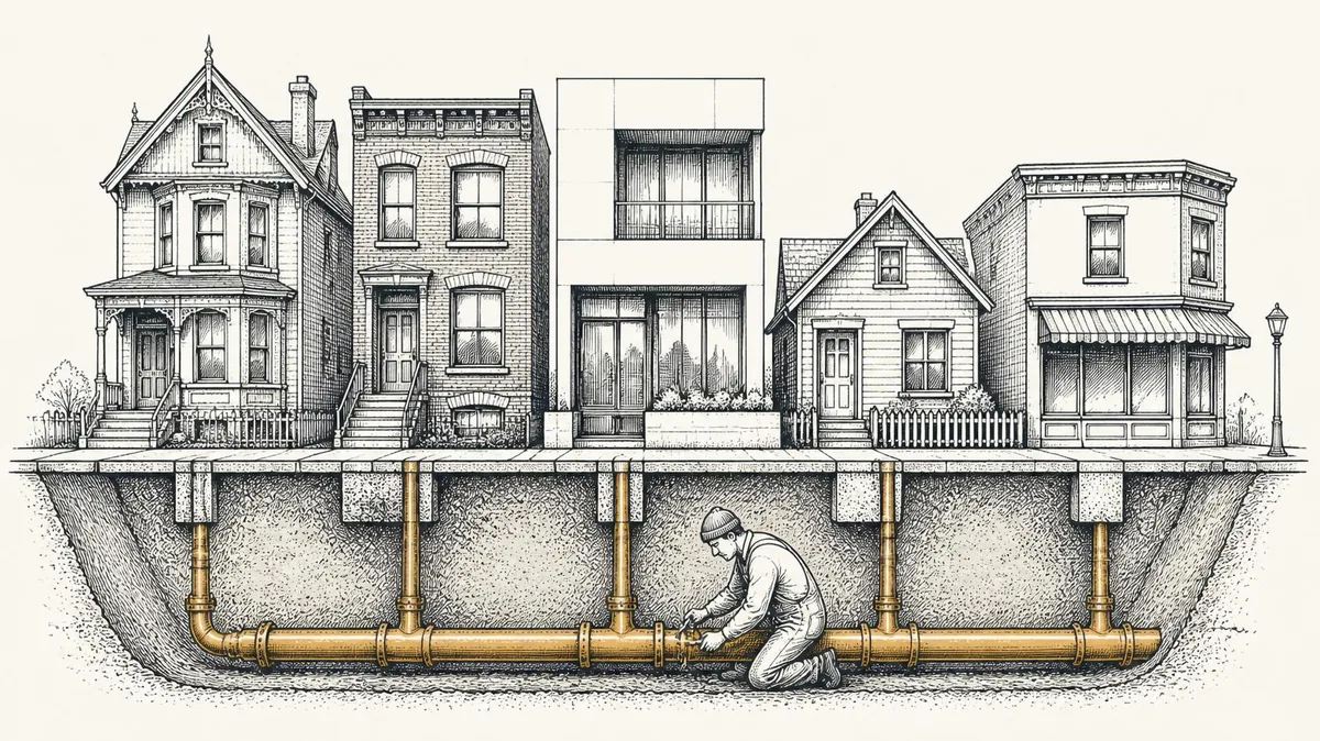 Five different houses on one street, all fed by a single main pipe underground while a plumber works on a joint