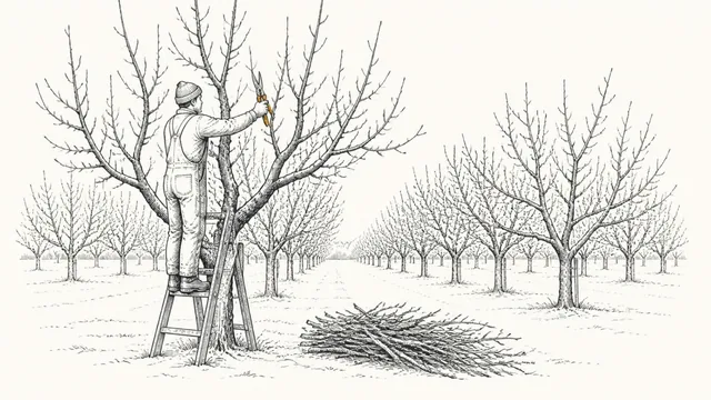 A pruner on a wooden ladder in a winter orchard, cut branches piled on the ground below