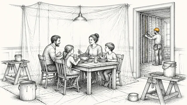 A family eating dinner under plastic sheeting among sawhorses and paint cans while a builder measures a stripped wall in the next room