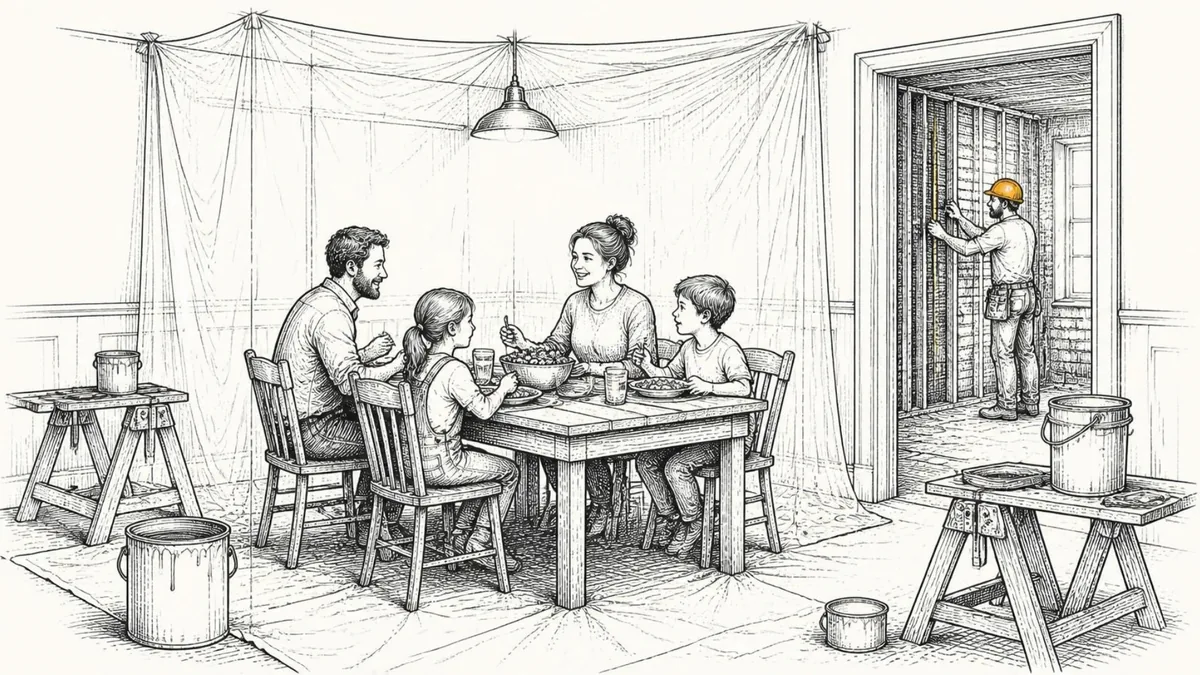 A family eating dinner under plastic sheeting among sawhorses and paint cans while a builder measures a stripped wall in the next room