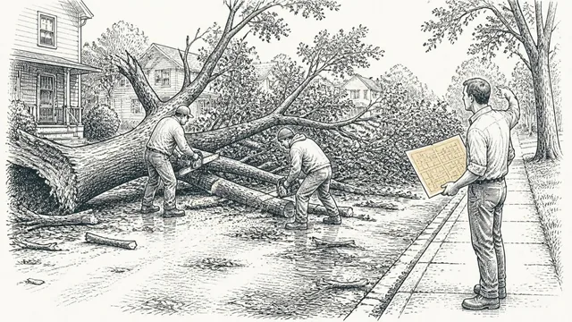 Two neighbors cutting up a storm-felled oak across the street while a man on the curb holds a hand-drawn map and points down the block