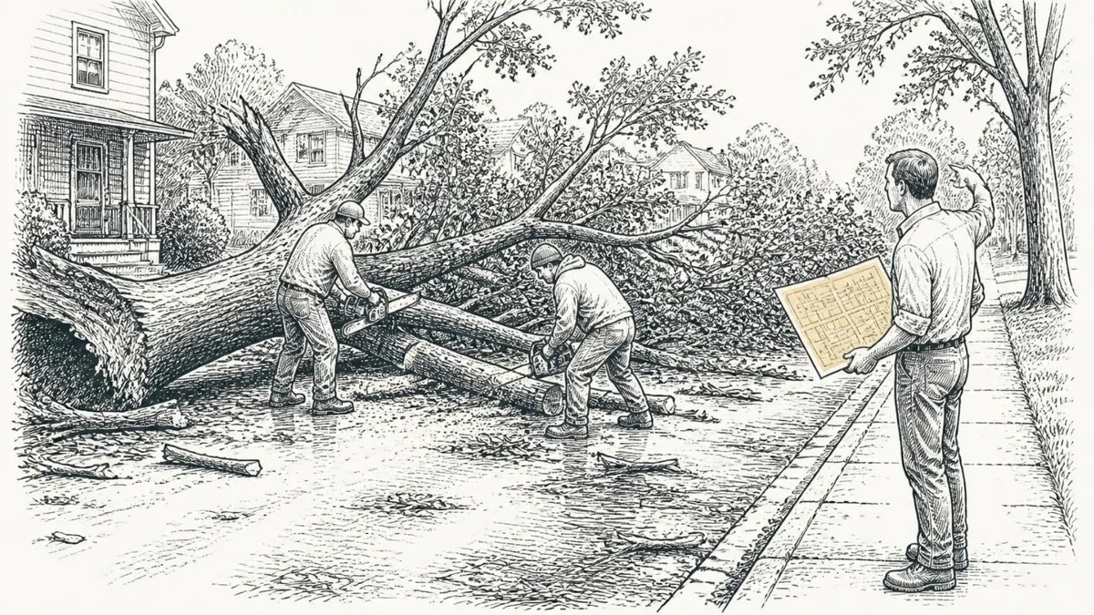 Two neighbors cutting up a storm-felled oak across the street while a man on the curb holds a hand-drawn map and points down the block