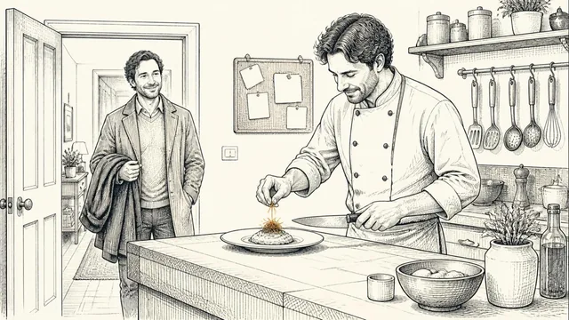 A cook finishing a plated dish at a butcher-block counter as a smiling guest steps in from the hall with his coat over one arm