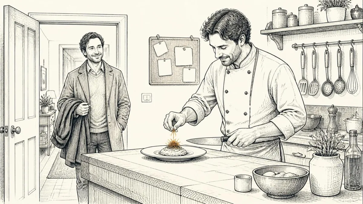 A cook finishing a plated dish at a butcher-block counter as a smiling guest steps in from the hall with his coat over one arm