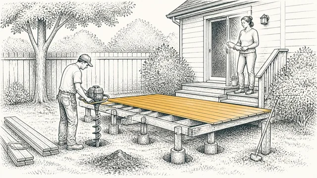 A half-built backyard deck, a carpenter drilling post holes with an auger while the homeowner watches from the back steps with a rolled-up plan