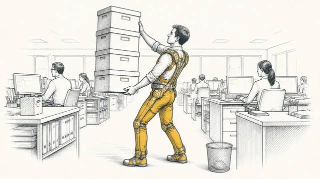 A man in a saffron exoskeleton lifting a tall stack of file boxes in an open-plan office