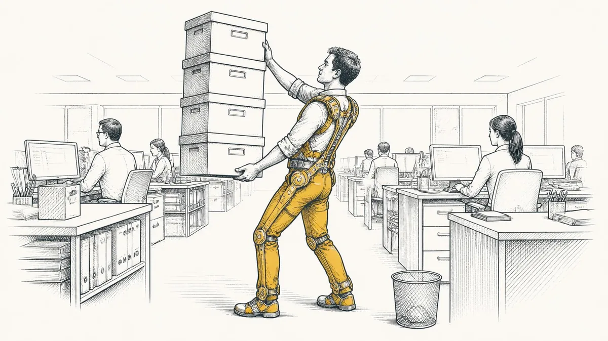 A man in a saffron exoskeleton lifting a tall stack of file boxes in an open-plan office