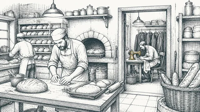 A busy bakery and, through a doorway at the back, a baker hunched over a sewing machine in a cramped tailor's workroom