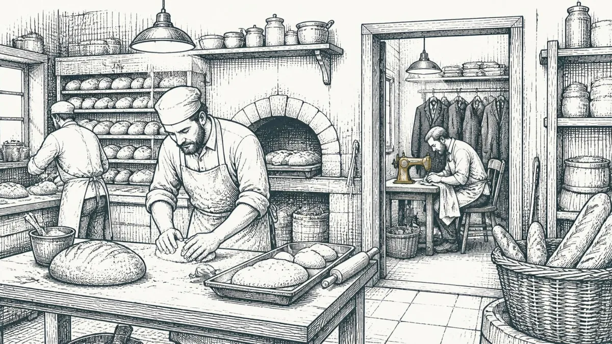 A busy bakery and, through a doorway at the back, a baker hunched over a sewing machine in a cramped tailor's workroom