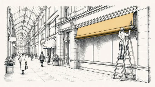 A worker on a ladder rolling up the awning of an old department store beside a covered shopping arcade